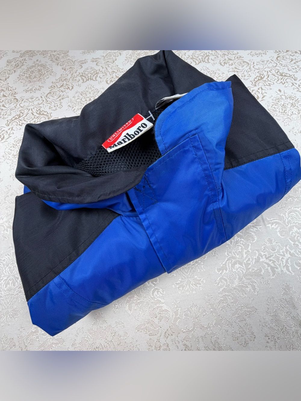 Vintage Marlboro Black and Blue Mesh-Lined Windbreaker Jacket, Hood, Large